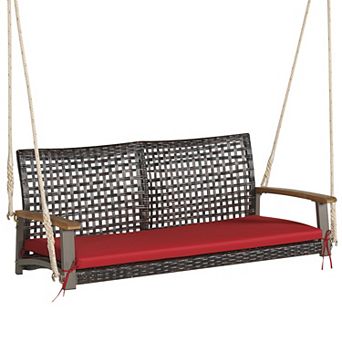 Gymax 2-Seat Rattan Porch Swing Chair Outdoor Wicker Swing Bench W/ Seat Cushion