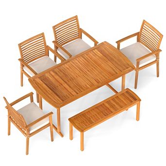 Gymax Set Of 6 Outdoor Acacia Wood Dining Set Rectangle Dining Table w/ 4 Chairs & Bench