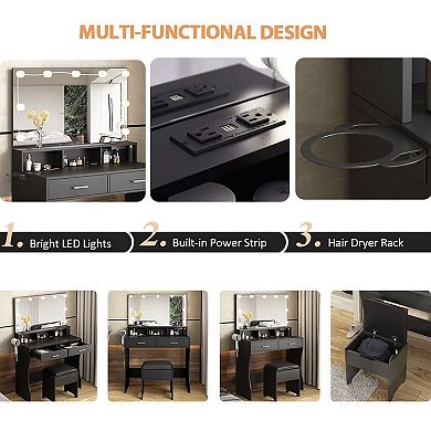 Vanity Desk with Lighted Mirror & Storage Chair, 9 Hollywood Bulbs, Charging Station & 2 Drawers