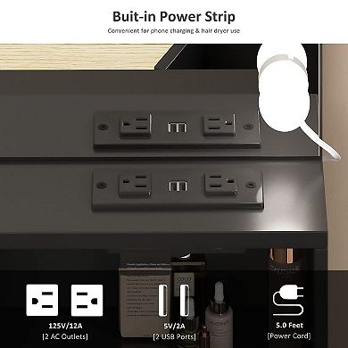 Vanity Desk with Lighted Mirror & Storage Chair, 9 Hollywood Bulbs, Charging Station & 2 Drawers