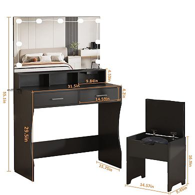 Vanity Desk with Lighted Mirror & Storage Chair, 9 Hollywood Bulbs, Charging Station & 2 Drawers