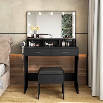 Vanity Desk with Lighted Mirror & Storage Chair, 9 Hollywood Bulbs, Charging Station & 2 Drawers