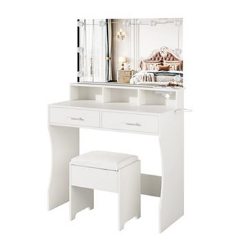 Vanity Desk with Lighted Mirror & Storage Chair, 9 Hollywood Bulbs, Charging Station & 2 Drawers