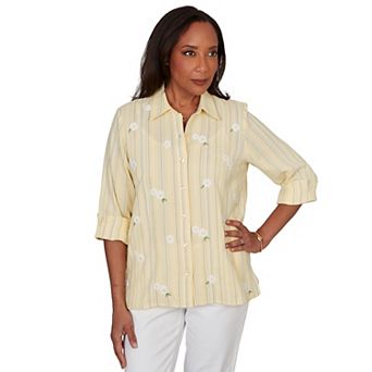 Women's Alfred Dunner Embroidered Daisy Stripes Button Front Top