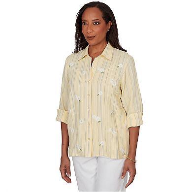 Women's Alfred Dunner Embroidered Daisy Stripes Button Front Top
