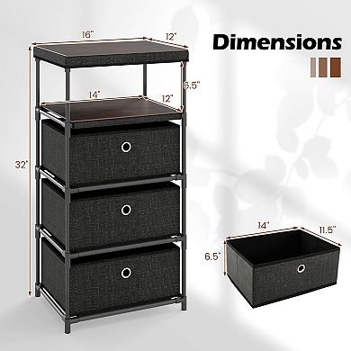 Gymax 3-Drawer Dresser w/ Shelf w/ Fabric Bins Industrial Storage Tower Unit