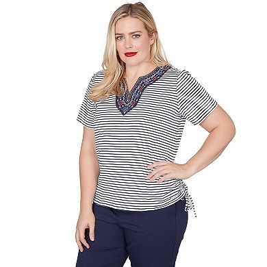 Women's Alfred Dunner Embroidered Neck Striped Side Tie Top