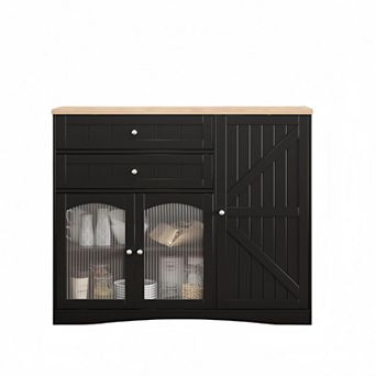 Farmhouse Black Buffet Sideboard Cabinet, Storage Cabinet with Barn Doors & Drawers for Kitchen