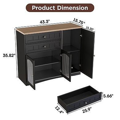 Farmhouse Black Buffet Sideboard Cabinet, Storage Cabinet with Barn Doors & Drawers for Kitchen