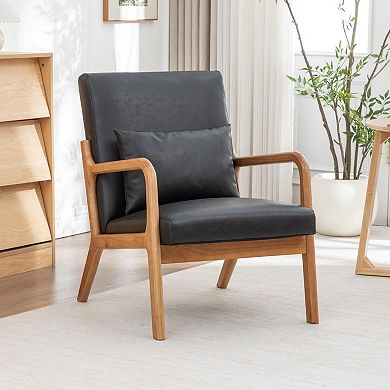 SEYNAR Mid-Century PU Leather Accent Chair with Lumbar Pillow