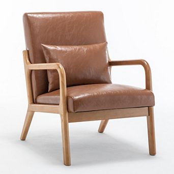 SEYNAR Mid-Century PU Leather Accent Chair with Lumbar Pillow