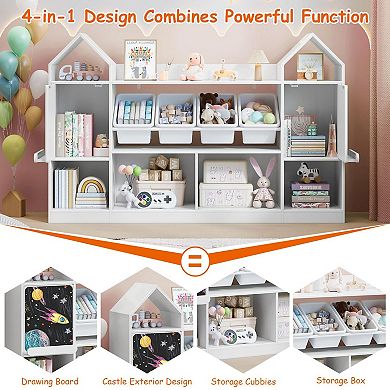 Castle Shape Children's Bookcase with Blackboard, Kids Bookshelf Display Case Kids Toy Storage