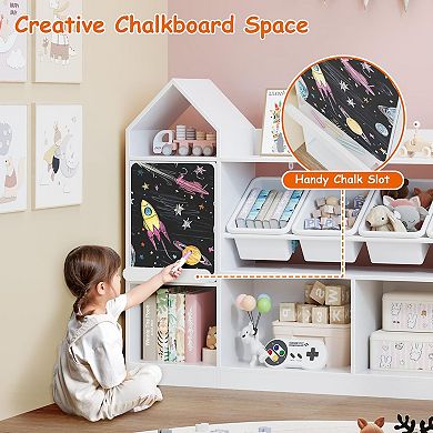 Castle Shape Children's Bookcase with Blackboard, Kids Bookshelf Display Case Kids Toy Storage