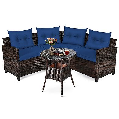 Gymax 4PCS Patio Furniture Set Outdoor Rattan Sectional w/ Cushioned Sofa Table