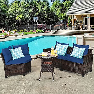 Gymax 4PCS Patio Furniture Set Outdoor Rattan Sectional w/ Cushioned Sofa Table