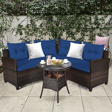 Gymax 4PCS Patio Furniture Set Outdoor Rattan Sectional w/ Cushioned Sofa Table