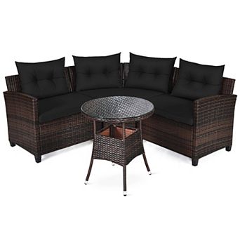 Gymax 4 pc Patio Furniture Set Outdoor Rattan Sectional w/ Cushioned Sofa Table