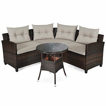 Gymax 4 pc Patio Furniture Set Outdoor Rattan Sectional w/ Cushioned Sofa Table