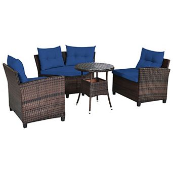 Gymax 4 pc Patio Furniture Set Outdoor Rattan Sectional w/ Cushioned Sofa Table