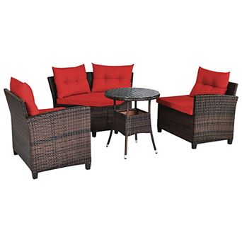 Gymax 4 pc Patio Furniture Set Outdoor Rattan Sectional w/ Cushioned Sofa Table