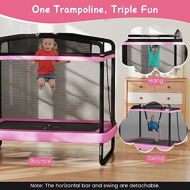 Gymax Kids Trampoline w/Swing & Horizontal Bar Safety Enclosure Net