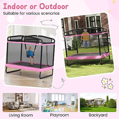 Gymax Kids Trampoline w/Swing & Horizontal Bar Safety Enclosure Net