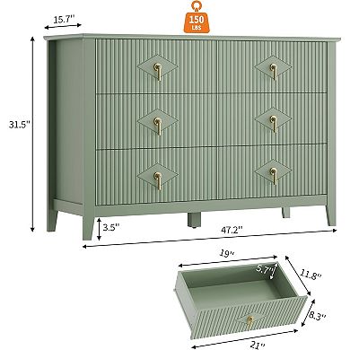 ANIXOL Fluted 6-Drawer Dresser with Metal Handles, Modern Storage Cabinet
