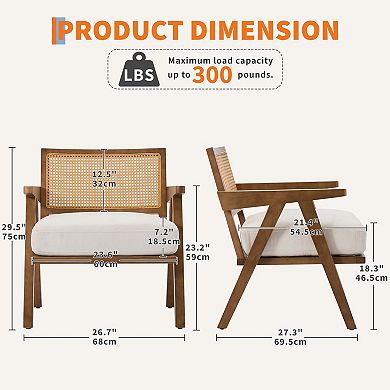 Mid Century Modern Accent Chair Wood Frame Rattan Back Living Room