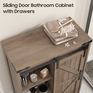 Farmhouse Bathroom Storage Cabinet with 4 Drawers & Sliding Door,Adjustable Shelves for Organization