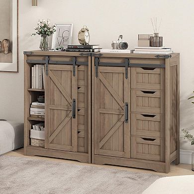 Farmhouse Bathroom Storage Cabinet with 4 Drawers & Sliding Door,Adjustable Shelves for Organization