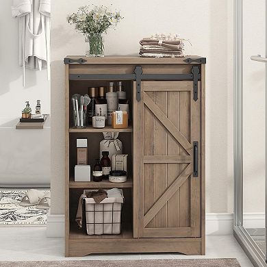 Farmhouse Bathroom Storage Cabinet with 4 Drawers & Sliding Door,Adjustable Shelves for Organization