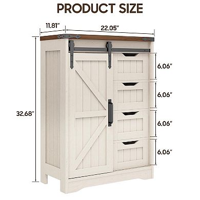 Farmhouse Bathroom Storage Cabinet with 4 Drawers & Sliding Door,Adjustable Shelves for Organization