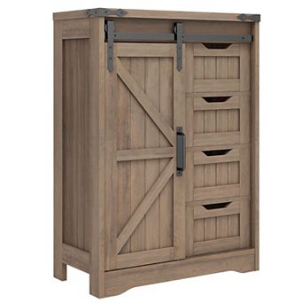 Farmhouse Bathroom Storage Cabinet with 4 Drawers & Sliding Door,Adjustable Shelves for Organization