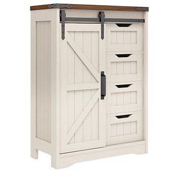 Farmhouse Bathroom Storage Cabinet with 4 Drawers & Sliding Door,Adjustable Shelves for Organization
