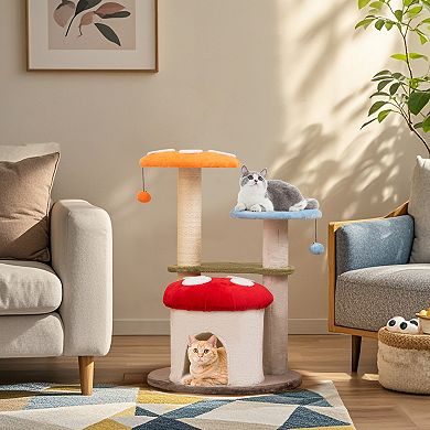 Gymax Cute Mushroom Cat Tree Cat Tower w/ Sisal Scratching Posts Cat Condo
