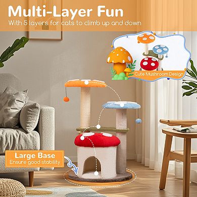 Gymax Cute Mushroom Cat Tree Cat Tower w/ Sisal Scratching Posts Cat Condo