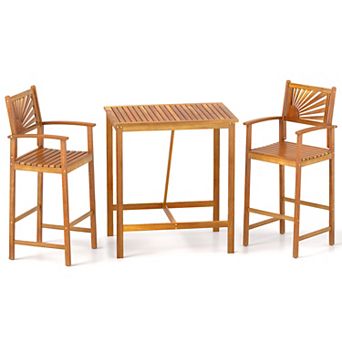Gymax 3 pc Outdoor Acacia Wood Bar Set w/ Slatted Seat & Tabletop