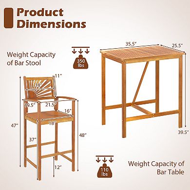 Gymax 3 PCS Outdoor Acacia Wood Bar Set w/ Slatted Seat & Tabletop