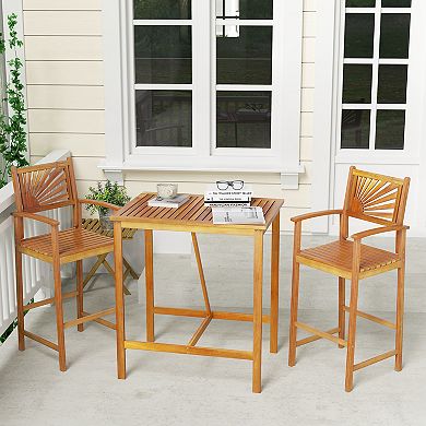 Gymax 3 PCS Outdoor Acacia Wood Bar Set w/ Slatted Seat & Tabletop