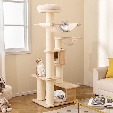 Gymax Cat Tree w/ Litter Box Enclosure w/ Hidden Washroom Scratching Posts