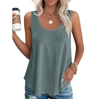Womens Casual Summer Flowy T-Shirt Top Tank Tops Sleeveless Eyelet Embroidery Scoop Neck Loose Fit