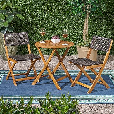 Bistro Set, 2 Chairs and 1 Table Foldable Acacia Wood Wicker Patio Set