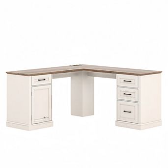 Farmhouse L-Shaped Executive Desk with Charging Station and File Drawer for Home Office