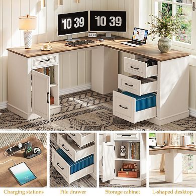 Farmhouse L-Shaped Executive Desk with Charging Station and File Drawer for Home Office