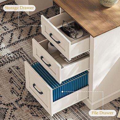 Farmhouse L-Shaped Executive Desk with Charging Station and File Drawer for Home Office