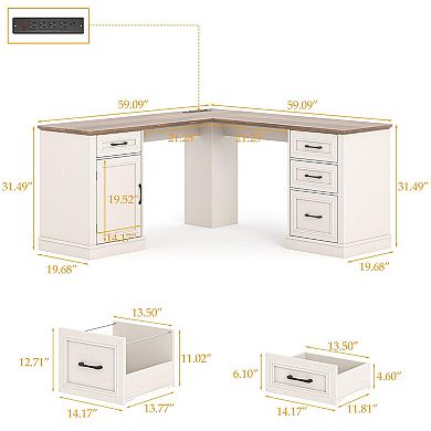 Farmhouse L-Shaped Executive Desk with Charging Station and File Drawer for Home Office
