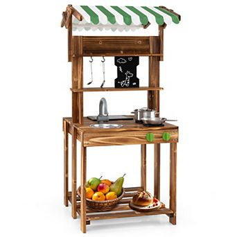 Gymax Double-Sided Mud Kitchen w/ Canopy Chalkboard Sink & Faucet Cooking Accessories