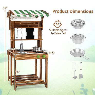 Gymax Double-Sided Mud Kitchen w/ Canopy Chalkboard Sink & Faucet Cooking Accessories