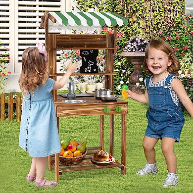 Gymax Double-Sided Mud Kitchen w/ Canopy Chalkboard Sink & Faucet Cooking Accessories