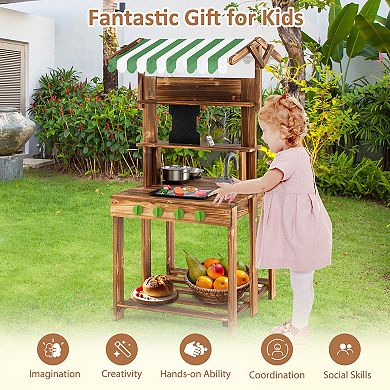 Gymax Double-Sided Mud Kitchen w/ Canopy Chalkboard Sink & Faucet Cooking Accessories
